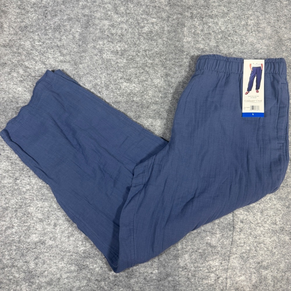 Coldwater Creek Women Blue Gauze Pull-On Pants Elastic Waist Straight Leg L NWT